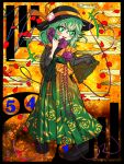  1girl alternate_costume blush character_name diamond egasumi eyebrows_visible_through_hair floral_background floral_print frilled_sleeves frills glowing glowing_eyes gradient gradient_background green_eyes green_hair green_skirt hand_up hat hat_ribbon highres japanese_clothes kimono komeiji_koishi long_hair long_skirt long_sleeves looking_at_viewer nomayo number obi open_hand open_mouth petals pigeon-toed pun ribbon sash see-through skirt solo third_eye touhou yagasuri yellow_background 