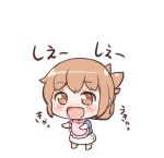  1girl :d alternate_costume brown_eyes brown_hair commentary_request folded_ponytail inazuma_(kantai_collection) kantai_collection kotanuki_329 lowres open_mouth ponytail simple_background smile solo white_background younger 