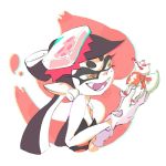  &gt;:d +_+ 1girl :d aori_(splatoon) black_hair detached_collar fangs food food_on_head fox gloves long_hair mask object_on_head official_art open_mouth smile solo splatoon sushi upper_body white_gloves yellow_eyes 