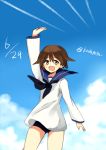  1girl :d arms_up blue_sky brown_eyes brown_hair clouds condensation_trail cowboy_shot dated flipped_hair kodamari long_sleeves miyafuji_yoshika one-piece_swimsuit open_mouth school_swimsuit school_uniform serafuku short_hair sky smile solo strike_witches swimsuit twitter_username 
