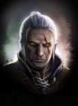  1boy bail facial_hair geralt_of_rivia jewelry long_hair male_focus necklace scar the_witcher the_witcher_3 white_hair yellow_eyes 