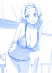  bikini breasts cleavage hairband himura_kiseki leaning_forward long_hair monochrome navel original swimsuit wavy_hair 