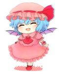  1girl :d ^_^ bat_wings blue_hair bow chibi closed_eyes dress fang hat hat_bow mob_cap open_mouth rei_(tonbo0430) remilia_scarlet short_hair short_sleeves smile solo touhou wings wrist_cuffs 