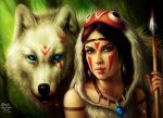  1girl blue_eyes brown_hair fur mask mononoke_hime polearm san signature spear studio_ghibli weapon wolf 