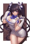  biting_tongue black_hair character_name dress dungeon_ni_deai_wo_motomeru_no_wa_machigatteiru_darou_ka gloves hestia_(danmachi) outside_border rei_no_himo ribbon short_dress twintails violet_eyes white_border white_dress white_gloves yume_ou 