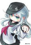  1girl anchor_symbol flat_cap green_eyes hat hibiki_(kantai_collection) kantai_collection long_hair long_sleeves nanatsuta neckerchief pleated_skirt sailor_collar school_uniform serafuku skirt twitter_username white_background white_hair 