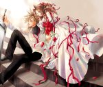  1boy 1girl aerith_gainsborough bare_shoulders blue_eyes bouquet brown_hair buster_sword cloud_strife doujinshi dress elbow_gloves final_fantasy final_fantasy_vii flower gloves green_eyes kiyose_nodoka necktie ribbon rose spiky_hair square_enix wedding wedding_dress 