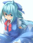  1girl blue_dress blue_eyes blue_hair blush bow cirno dress grin hair_bow highres ice ice_wings kanzen_bouon puffy_short_sleeves puffy_sleeves shirt short_sleeves smile solo touhou wings 
