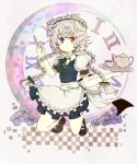  1girl blue_eyes bow braid checkered clock crescent cup frilled_skirt frilled_sleeves frills hair_bow heterochromia highres izayoi_sakuya kneeling long_hair maid maid_headdress puffy_sleeves red_eyes shannu0506 shoes short_sleeves silver_hair skirt skirt_set solo tea teacup teapot touhou tray twin_braids 