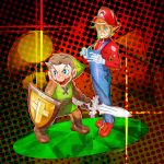  2boys absurdres blue_eyes brown_hair cosplay costume_switch facial_hair gloves hat height_difference highres huge_filesize larry_d_warren_jr. link link_(cosplay) male_focus mario mario_(cosplay) multiple_boys mustache nintendo overalls pointy_ears shield super_mario_bros. sword tunic weapon white_gloves 