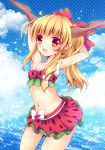  1girl alternate_hairstyle arms_up bikini blonde_hair blue_sky bow clouds enjoy_mix fang food_themed_clothes hair_bow ibuki_suika long_sleeves navel oni_horns open_mouth ponytail red_eyes sky smile solo swimsuit touhou 