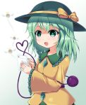  1girl bow cellphone eyeball green_eyes green_hair hat hat_ribbon heart heart_of_string komeiji_koishi open_mouth phone ribbon short_hair skirt smartphone smile solo third_eye touhou u2_(5798239) yen 