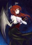  1girl back bat_wings blue_background book book_hug book_stack colored_eyelashes eyelashes head_wings holding holding_book juliet_sleeves koakuma kz_nagomiya large_wings light_smile long_hair long_sleeves looking_at_viewer looking_to_the_side puffy_sleeves red_eyes redhead skirt solo vest wings 