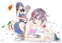  &gt;:p 2girls :3 :p ahoge akebono_(kantai_collection) bare_shoulders bell bikini_top black_hair blue_hair blush breasts cleavage collarbone flower hair_bell hair_flower hair_ornament hat hat_removed headwear_removed kantai_collection licking_lips long_hair looking_at_viewer lying multiple_girls on_stomach pleated_skirt pokimari polka_dot polka_dot_swimsuit purple_hair sandals side_ponytail sitting skirt smile swimsuit thigh_strap tongue tongue_out ushio_(kantai_collection) very_long_hair violet_eyes white_background 