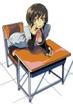  1girl black_hair black_legwear breasts chair cleavage collarbone detached_sleeves koto_(coto) looking_at_viewer open_mouth original school_desk seiza short_hair sitting solo thigh-highs 