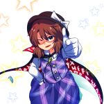  1girl bow brown_eyes brown_hair cape glasses hand_on_hip hat hat_bow hat_ribbon long_sleeves low_twintails one_eye_closed open_mouth plaid red-framed_glasses ribbon school_uniform shirt short_hair sisikuku skirt smile solo thumbs_up touhou twintails usami_sumireko 