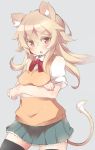  &gt;:o 1girl :o animal_ears black_legwear blonde_hair blush bowtie crossed_arms grey_background lion_ears lion_tail long_hair original pleated_skirt red_eyes school_uniform skirt tail thigh-highs tomcat_(moconeko) vest zettai_ryouiki 