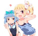  2girls arm_around_shoulder bangs blonde_hair blue_hair blunt_bangs blush blush_stickers brown_eyes bunny_hair_ornament fang goggles goggles_around_neck hair_ornament leaning_forward multiple_girls one_eye_closed original overalls payot sasago_kaze school_swimsuit side_ponytail smile strap_slip swimsuit v 