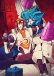  2boys coralus highres mecha multiple_boys needle no_humans overlord_(transformers) robot science_fiction transformers trepan 