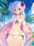  1girl bikini blue_sky dengeki_moeou flower front-tie_top hair_flower hair_ornament hibiscus highres innertube navel outdoors outstretched_hand palm_tree scan side-tie_bikini silver_hair sky small_breasts smile solo swimsuit takei_ooki tree two_side_up violet_eyes wet white_bikini white_swimsuit 