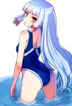  1girl ass blue_hair from_behind kantai_collection long_hair looking_back murakumo_(kantai_collection) one-piece_swimsuit red_eyes standing swimsuit tenken_(gotannda) 