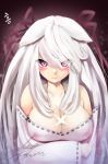  1girl absurdres bare_shoulders blush breasts cleavage crossed_arms detached_sleeves hair_between_eyes hair_ribbon highres jewelry large_breasts long_hair looking_at_viewer mole mole_under_mouth necklace off-shoulder_dress original ribbon signature silver_hair solo torieto violet_eyes 