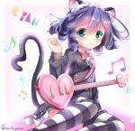  1girl animal_ears blue_hair blush cat_ears cat_tail character_name curly_hair cyan_(show_by_rock!!) green_eyes guitar heart_guitar instrument looking_at_viewer musical_note show_by_rock!! sketch solo striped striped_legwear tail tears thigh-highs twitter_username yonjyuugo 