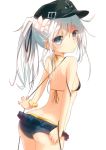  1girl alternate_hairstyle ass bikini blue_eyes blush coo_(cooarts) flower flower_on_head hair_flower hair_ornament hair_ribbon hat hibiki_(kantai_collection) highres kantai_collection long_hair looking_at_viewer looking_back plant_on_head ponytail ribbon silver_hair simple_background solo swimsuit white_background 