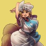  1girl arms_behind_head arms_up blonde_hair breasts brown_eyes chanta_(ayatakaoisii) dress hat hat_with_ears large_breasts looking_at_viewer open_mouth pose smile solo tabard touhou white_dress wide_sleeves yakumo_ran yellow_eyes 