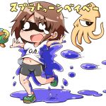  1girl bike_shorts brown_hair clothes_writing domino_mask jinnouchi_akira kill_me_baby navel o_o one-eyed open_mouth oribe_yasuna outstretched_arms paint_splatter paint_stains paintball shirt short_hair splatoon spread_arms squid standing_on_one_leg super_soaker sweatdrop tears translation_request water_gun white_shirt 