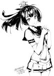  1girl akizuki_(kantai_collection) black_hair hair_ornament hairband kantai_collection long_hair looking_at_viewer monochrome pleated_skirt ponytail rokuwata_tomoe school_uniform serafuku simple_background skirt solo standing white_background 