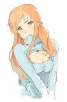  1girl breasts brown_eyes cleavage_cutout clothes_biting highres kentaro1087 long_hair looking_at_viewer mouth_hold nami_(one_piece) one_piece open-chest_sweater orange_hair simple_background sketch smile solo sweater upper_body white_background 