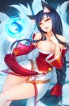  1girl ahri animal_ears bare_shoulders black_hair braid breasts cleavage detached_sleeves facial_mark fox_ears fox_tail highres kerasu korean_clothes large_breasts league_of_legends long_hair looking_at_viewer low_neckline open_mouth single_braid smile solo tail tongue tongue_out very_long_hair whisker_markings yellow_eyes 