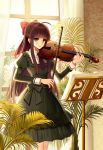  1girl ahoge bangs blunt_bangs bow bow_(instrument) brown_hair dress green_eyes hair_bow indoors instrument juliet_sleeves long_hair long_sleeves looking_at_viewer plant puffy_sleeves solo srb7606 standing very_long_hair violin window 
