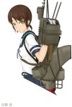  1girl absurdres aekly brown_eyes brown_hair cannon character_name highres kantai_collection looking_at_viewer looking_to_the_side low_twintails machinery mecha_musume neckerchief school_uniform serafuku shirayuki_(kantai_collection) short_hair short_sleeves simple_background small_breasts smokestack solo turret twintails upper_body white_background 