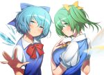  2girls blue_dress blue_eyes blue_hair blush bow breasts cirno daiyousei dress fairy_wings finger_to_mouth flat_chest hair_bow hair_ribbon ice ice_wings large_breasts looking_at_viewer multiple_girls po._(medamaoyazi) puffy_short_sleeves puffy_sleeves ribbon shirt short_sleeves side_ponytail smile touhou upper_body wings 