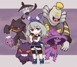  1girl @_@ banette blue_shoes bow character_request cosplay dress drifloon dusknoir gengar grey_hair hair_bow hair_ornament hex_maniac_(pokemon) lampent mismagius poke_ball pokemon pokemon_(creature) purple purple_background purple_dress satsumai shoes short_hair short_sleeves smile sneakers striped striped_bow tagme violet_eyes 