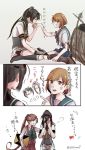  &gt;:&lt; akigumo_(kantai_collection) akizuki_(kantai_collection) artist_request bandaid boots bowtie brown_eyes brown_hair bruise comic covering_face gloves gloves_removed hairband injury kantai_collection kneehighs machinery multiple_girls oboro_(kantai_collection) pleated_skirt ponytail school_uniform serafuku shoukaku_(kantai_collection) silver_hair sitting skirt smile torn_clothes translated twintails twitter_username zuikaku_(kantai_collection) 