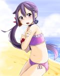  1girl akebono_(kantai_collection) beach bikini highres kantai_collection long_hair momo_(higanbana_and_girl) purple_hair side_ponytail swimsuit violet_eyes 