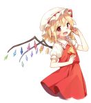  1girl ascot blonde_hair blood blood_on_face blood_on_fingers crystal fang flandre_scarlet hat hat_ribbon heart heart-shaped_pupils mob_cap open_mouth pointy_ears puffy_sleeves red_eyes ribbon shinoba shirt short_sleeves side_ponytail simple_background skirt skirt_set smile solo symbol-shaped_pupils touhou vest white_background wings 