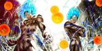  2boys blue_eyes blue_hair clenched_hands crossed_arms dougi dragon_ball dragon_ball_(object) dragon_ball_z fighting_stance glowing glowing_eyes glowing_hair highres larry_d_warren_jr. male_focus multiple_boys son_gokuu super_saiyan super_saiyan_god vegeta 