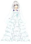  1girl absurdres alternate_costume blue_eyes blue_rose braid breasts bridal_veil cleavage cross cross_necklace dress elbow_gloves flower gloves hair_ribbon hand_on_own_chest head_tilt highres izayoi_sakuya looking_at_viewer open_mouth ribbon rose short_hair silver_hair simple_background solo strapless_dress taidana_himajin tiara touhou tress_ribbon twin_braids veil wedding_dress white_background 
