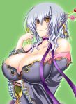  1girl bare_shoulders blush breast_rest breasts choker cleavage collarbone gengan green_background hair_ornament japanese_clothes kilina koihime_musou large_breasts shin_koihime_musou short_hair silver_hair smile solo upper_body yellow_eyes 