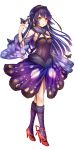  1girl blonde_hair breasts butterfly covered_navel earrings full_body highres jewelry long_hair looking_at_viewer madogawa original personification purple_hair see-through solo standing very_long_hair 