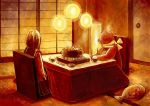  1girl chopsticks fish from_behind indoors kotatsu lamp nomiya_(no_38) orange_(color) original rice_bowl school_uniform serafuku sitting stuffed_animal stuffed_toy table tagme teddy_bear yellow 