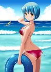  1girl ass beach bikini blue_hair highres innertube kaze_makase original short_hair standing swimsuit wet yellow_eyes 