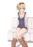  1girl 31_pacers blonde_hair boots bow braid breasts cleavage collar grey_eyes hair_bow highres original overalls sitting solo 