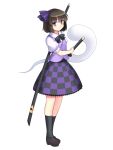  1girl alternate_color blush bow brown_hair brown_shoes checkered checkered_skirt color_switch commentary_request gomi_(gomitin) hairband himekaidou_hatate himekaidou_hatate_(cosplay) kneehighs konpaku_youmu konpaku_youmu_(ghost) multiple_swords player_2 puffy_short_sleeves puffy_sleeves sheath sheathed shoes short_hair short_sleeves simple_background skirt solo touhou vest violet_eyes white_background 