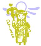  1girl bangs bare_shoulders belt breasts chibi choker dress goddess jewelry kid_icarus kid_icarus_uprising long_hair looking_at_viewer lowres monochrome necklace o-y palutena parted_bangs pendant shield side_slit single_thighhigh smile solo staff strapless_dress swept_bangs thigh-highs tiara very_long_hair yellow 