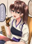  1girl breasts brown_eyes brown_gloves brown_hair chair desk gloves holding indoors japanese_clothes kaga_(kantai_collection) kantai_collection looking_at_viewer muneate open_mouth pen side_ponytail single_glove sitting solo speech_bubble table tai_(nazutai) talking tasuki translation_request upper_body 